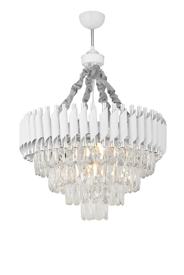 Palmira 55'lik Prizma Kesim Kristal Taşlı Lüks Salon Avize - (Beyaz Krom)